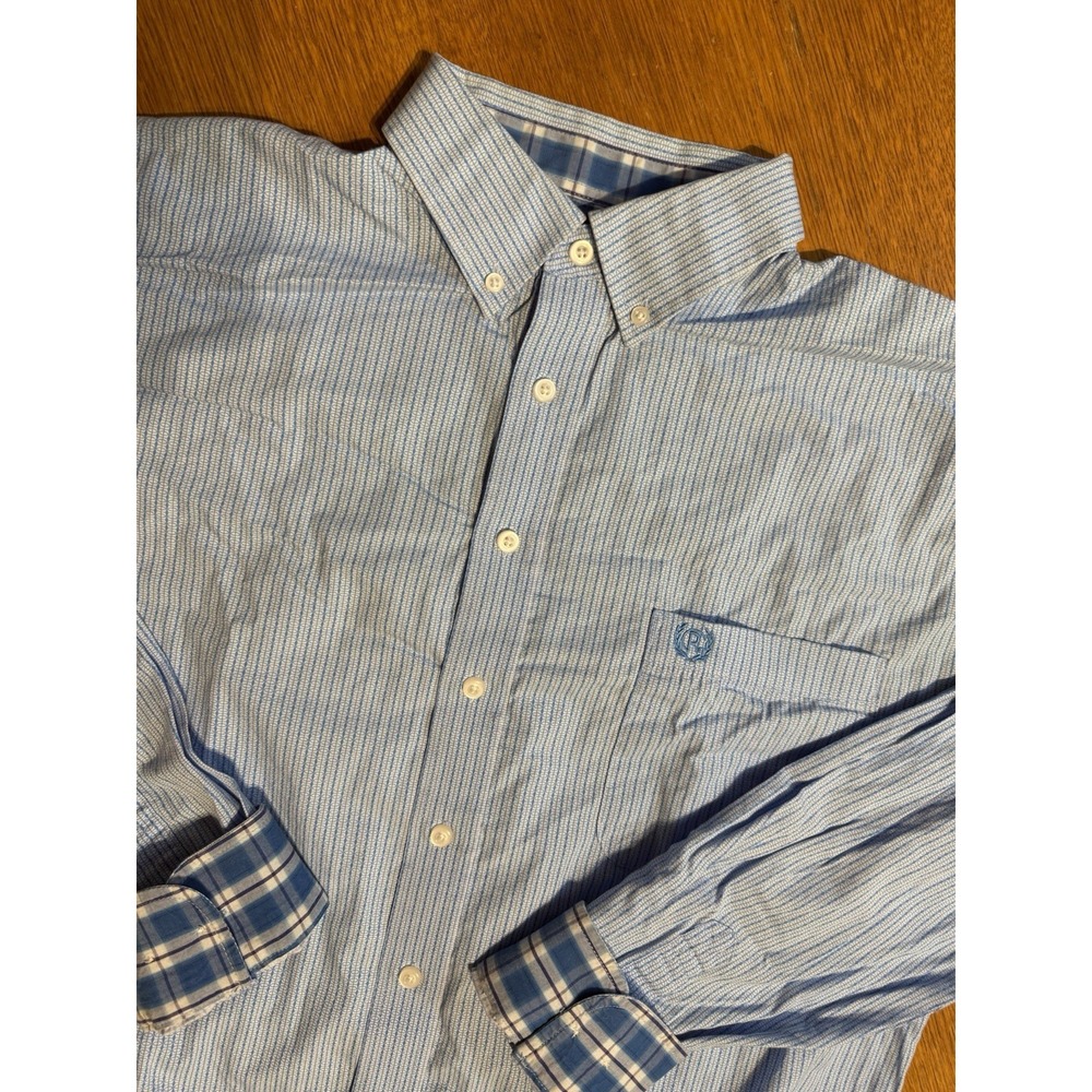 Panhandle Shirt Mens L Blue Geometric Stripe Flip Cuff Western Cotton